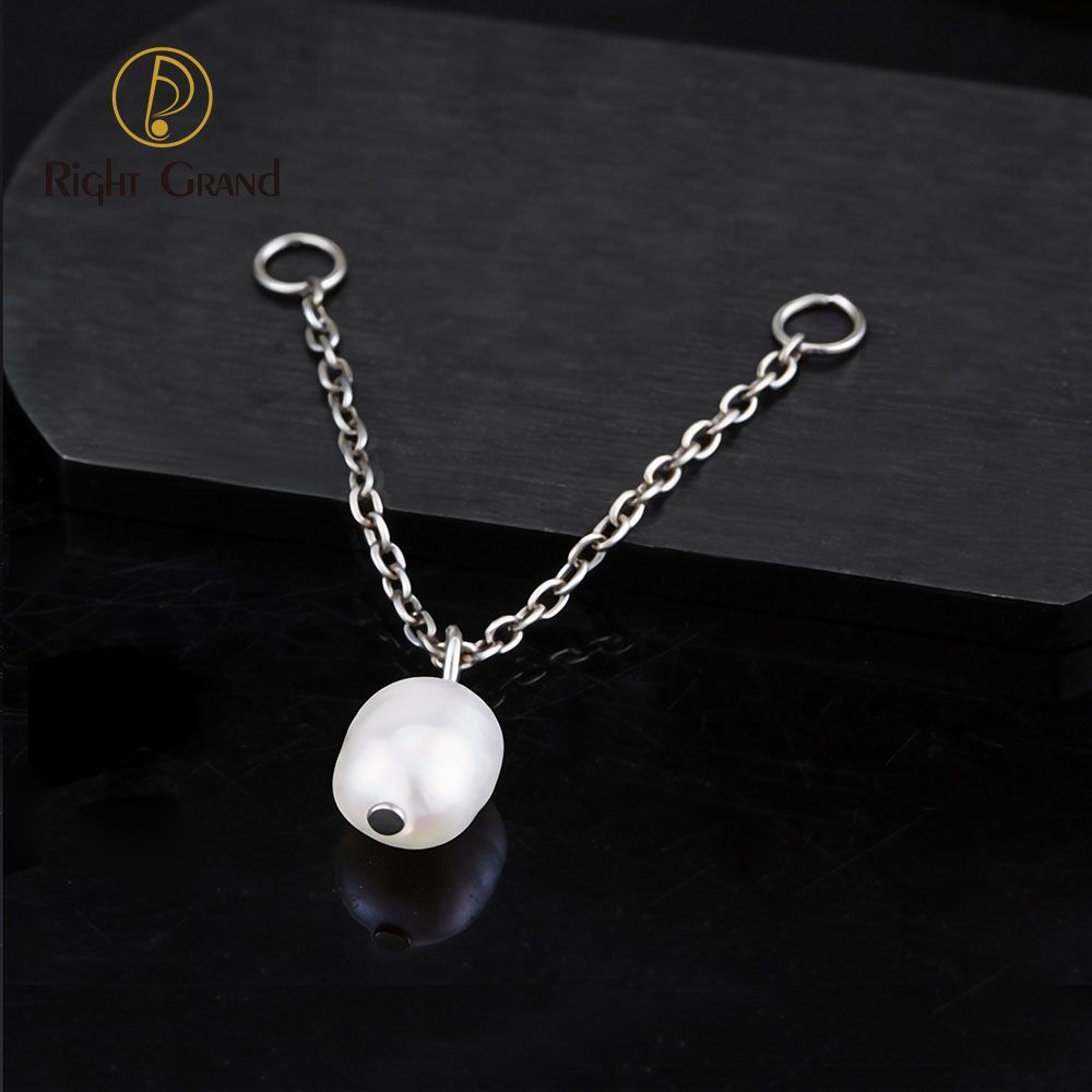Right Grand Titanium Chain Pearl Drop Double Ring Charm for Ear Lobe Dangle Hoop Huggie Earrings