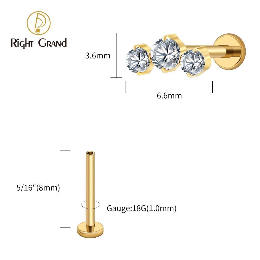 Right Grand Titanium 16G/18G Threadless Push Pin Triple CZ Cluster Cartilage Earring 16G Mini CZ Labret Tragus Helix Medusa Flat Back Piercing