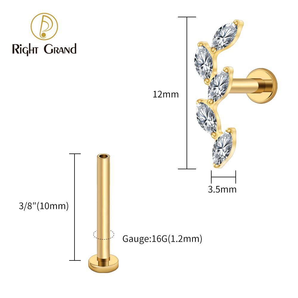 Right Grand Titanium 16G/18G Threadless Push Pin 5 Marquise CZ Labret Stud Helix Conch Cartilage Tragus Flat Back Piercing