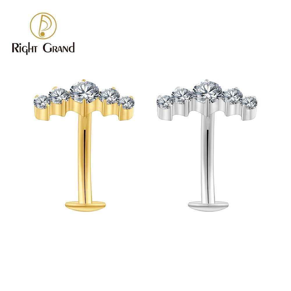 Right Grand Titanium CZ 5 CZ Belly Button Ring 14G Threadless Push Pin Navel Curved Barbell Piercing Jewelry