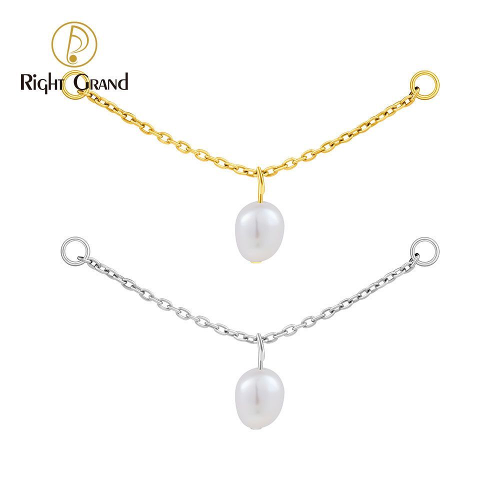 Right Grand Titanium Chain Pearl Drop Double Ring Charm for Ear Lobe Dangle Hoop Huggie Earrings