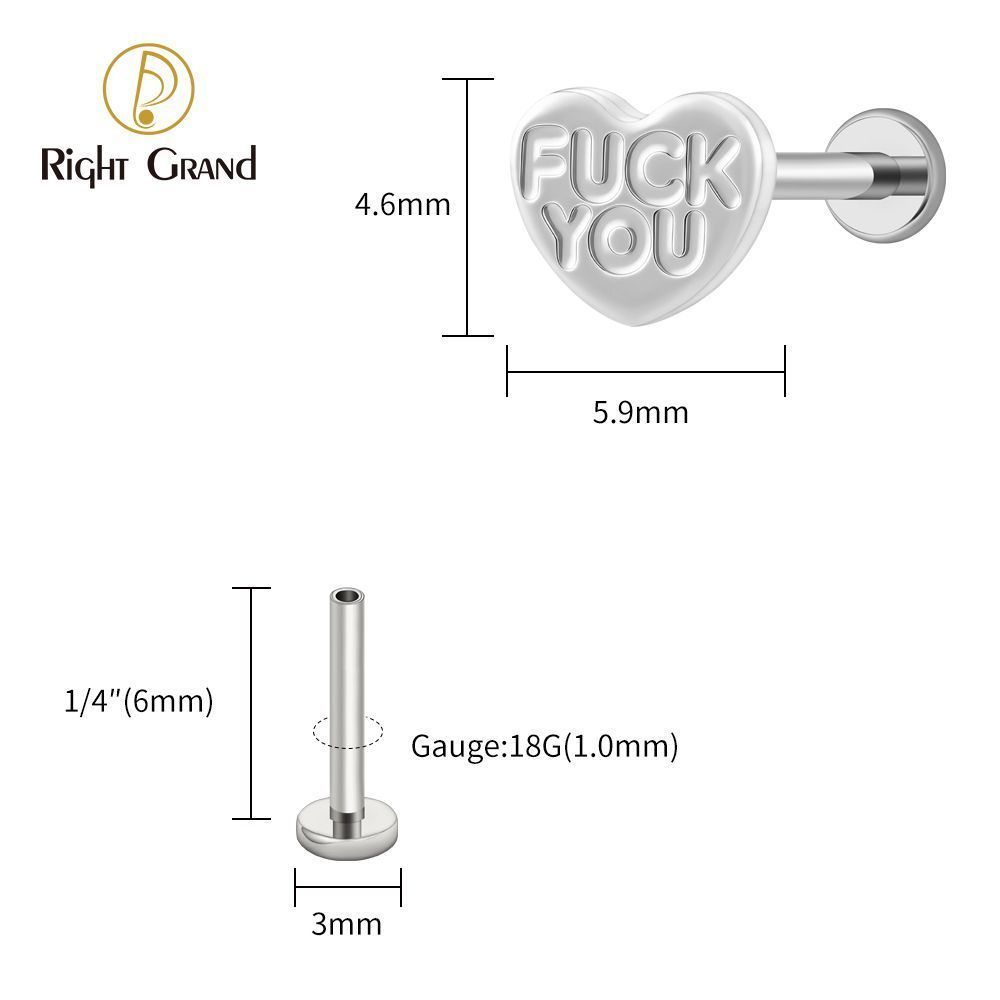 Right Grand Titanium 16G/18G Threadless Push Pin Heart Letter F**K YOU Labret Ring 16G Flat Back Cartilage Stud Earring Conch Helix Lip Piercing Jewelry