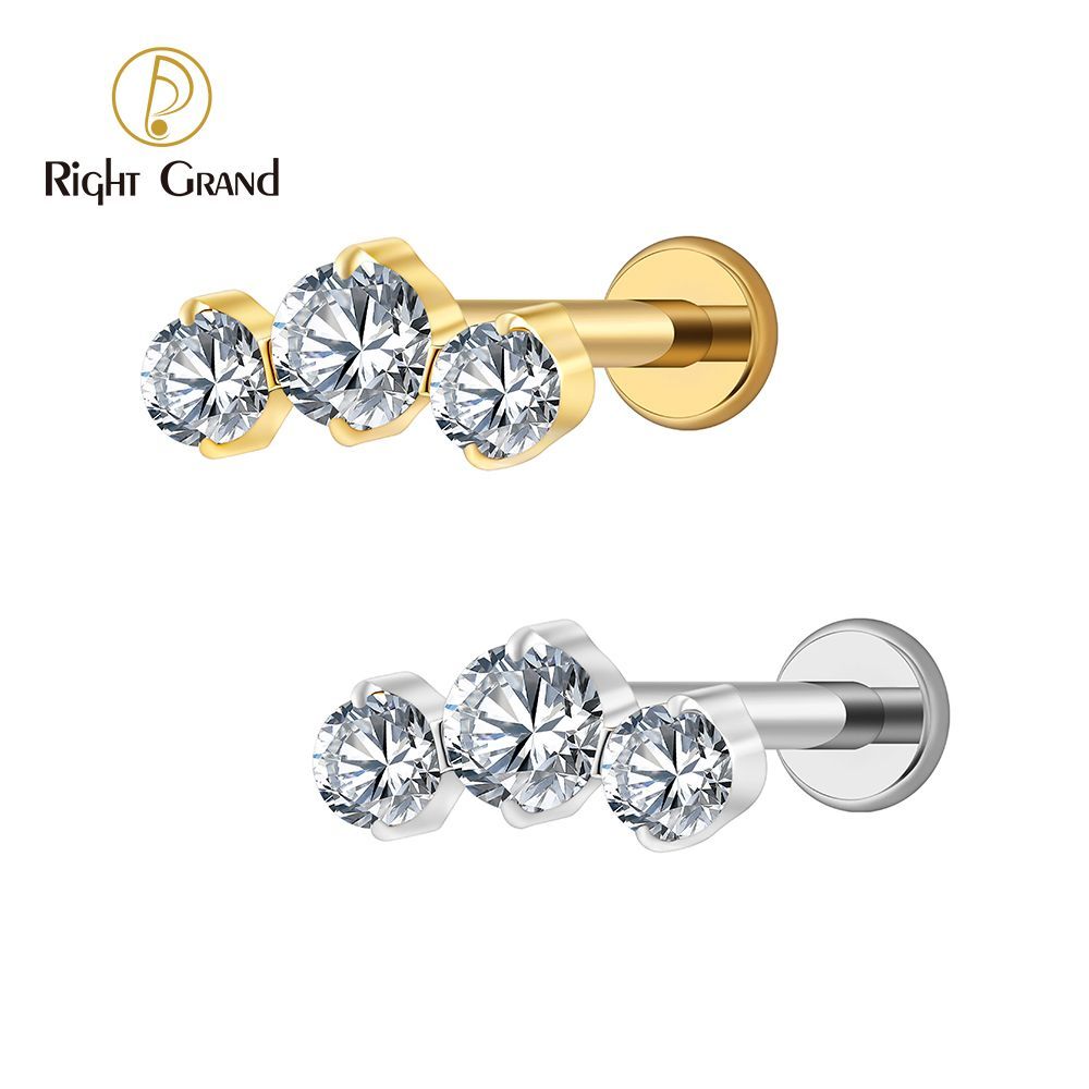 Right Grand Titanium 16G/18G Threadless Push Pin Triple CZ Cluster Cartilage Earring 16G Mini CZ Labret Tragus Helix Medusa Flat Back Piercing