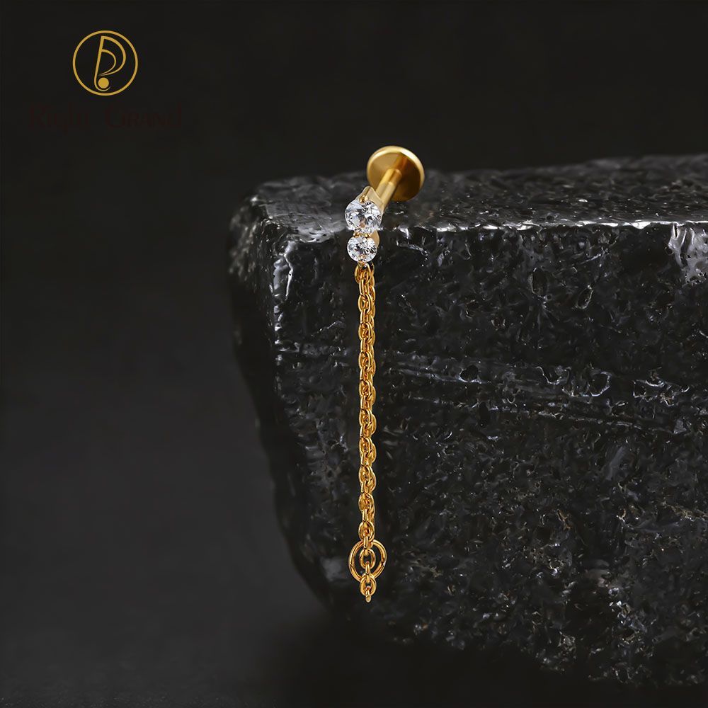 Right Grand Titanium Internal Thread CZ Double Chain Connect Ring Labret Ring 16G Flat Back Cartilage Stud Earring Conch Helix Lip Piercing Jewelry
