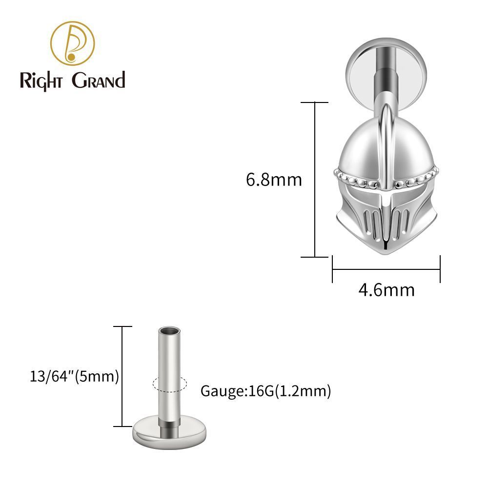 Right Grand ASTM F136 Titanium Internal Thread Helmet Labret Ring 16G Flat Back Cartilage Stud Earring Conch Helix Lip Piercing Jewelry