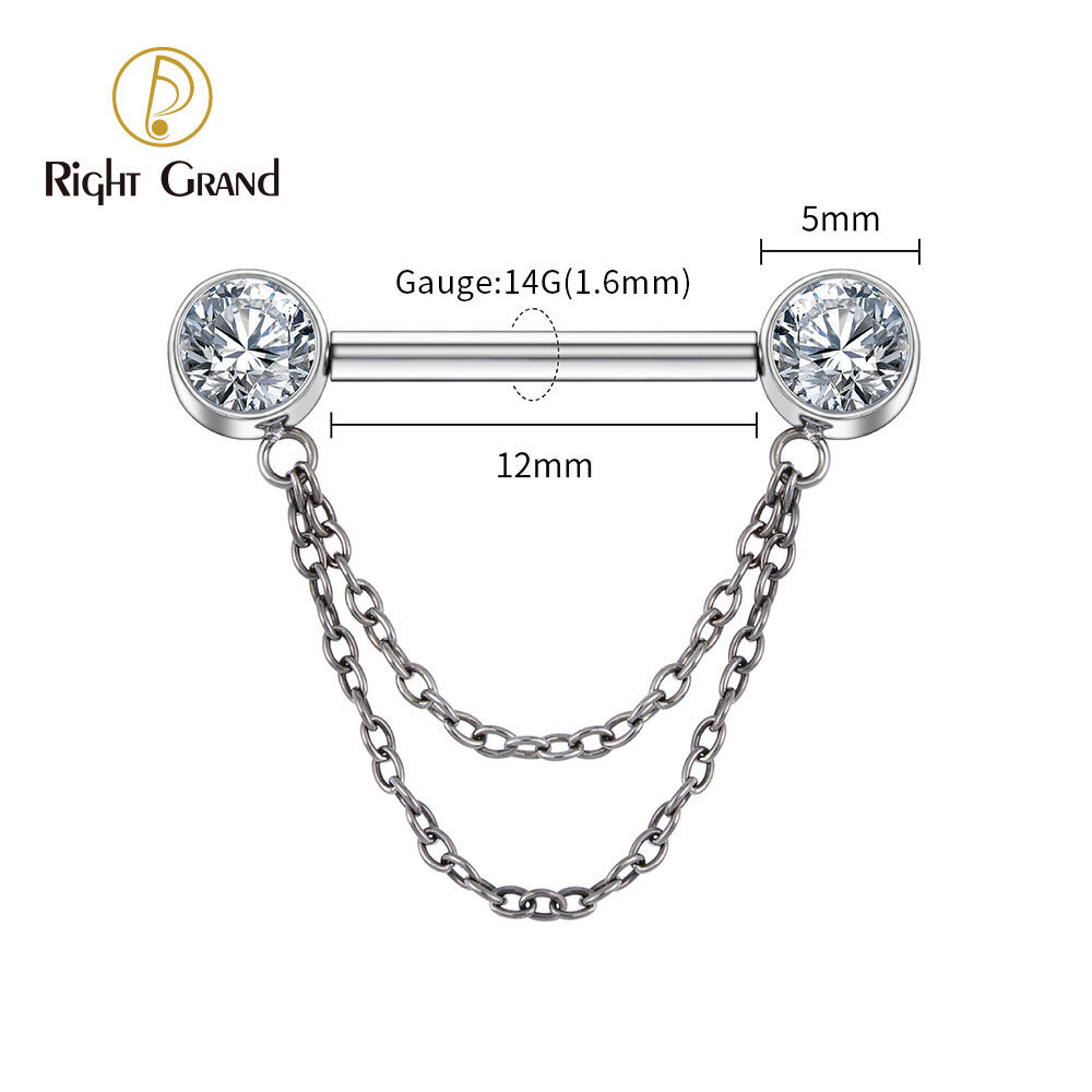 Right Grand ASTM F136 Titanium Double Chain Dangle Sparkle CZ Threadless Nipple Ring 14 Gauge Barbell Piercing