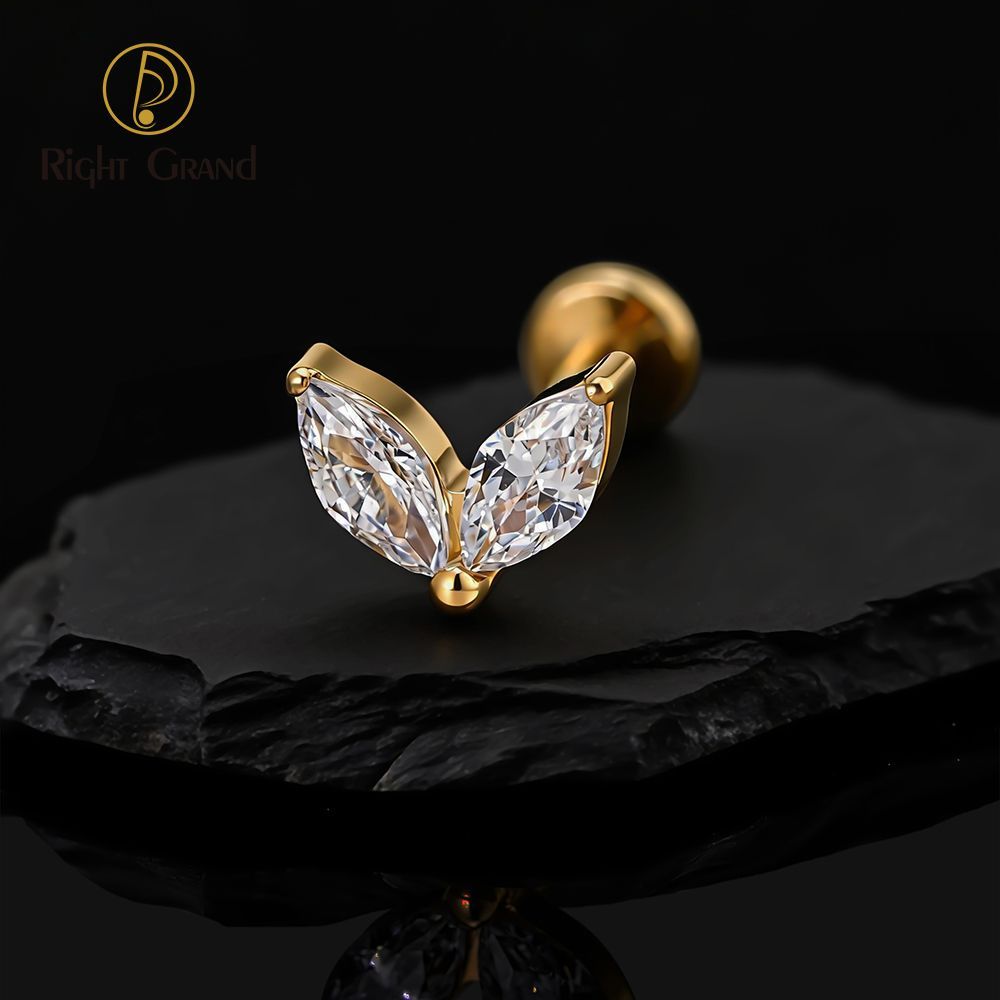Right Grand Titanium 16G/18G Threadless Push Pin Tiny Double Marquise CZ Labret Stud Earring 16G Heart CZ Cartilage Helix Tragus Conch Piercing