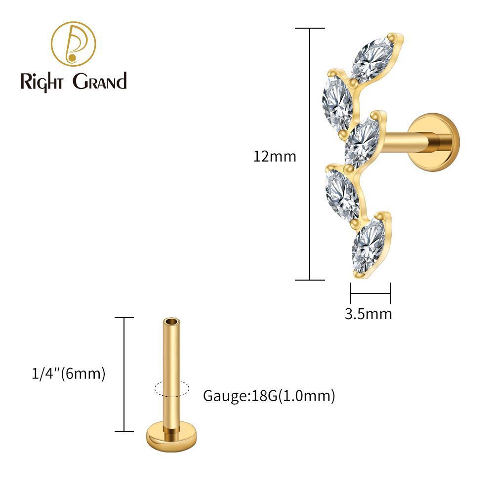 Right Grand Titanium 16G/18G Threadless Push Pin 5 Marquise CZ Labret Stud Helix Conch Cartilage Tragus Flat Back Piercing