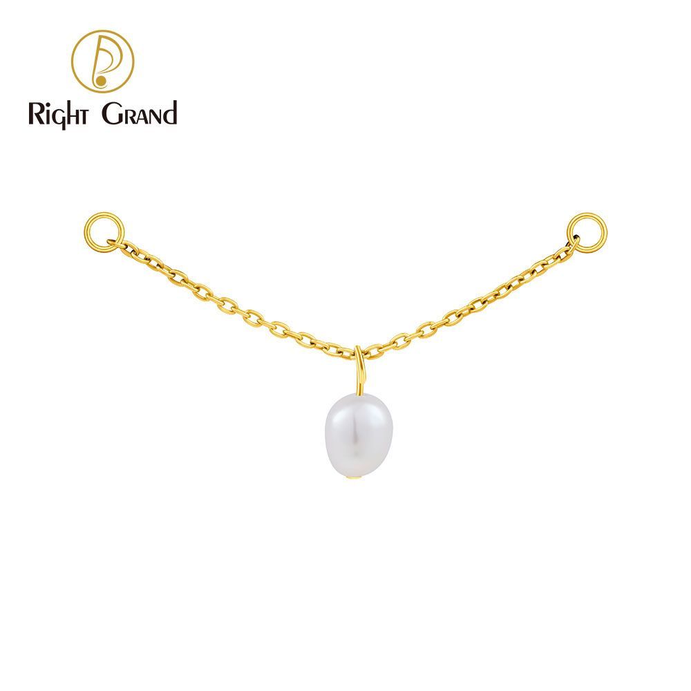 Right Grand Titanium Chain Pearl Drop Double Ring Charm for Ear Lobe Dangle Hoop Huggie Earrings