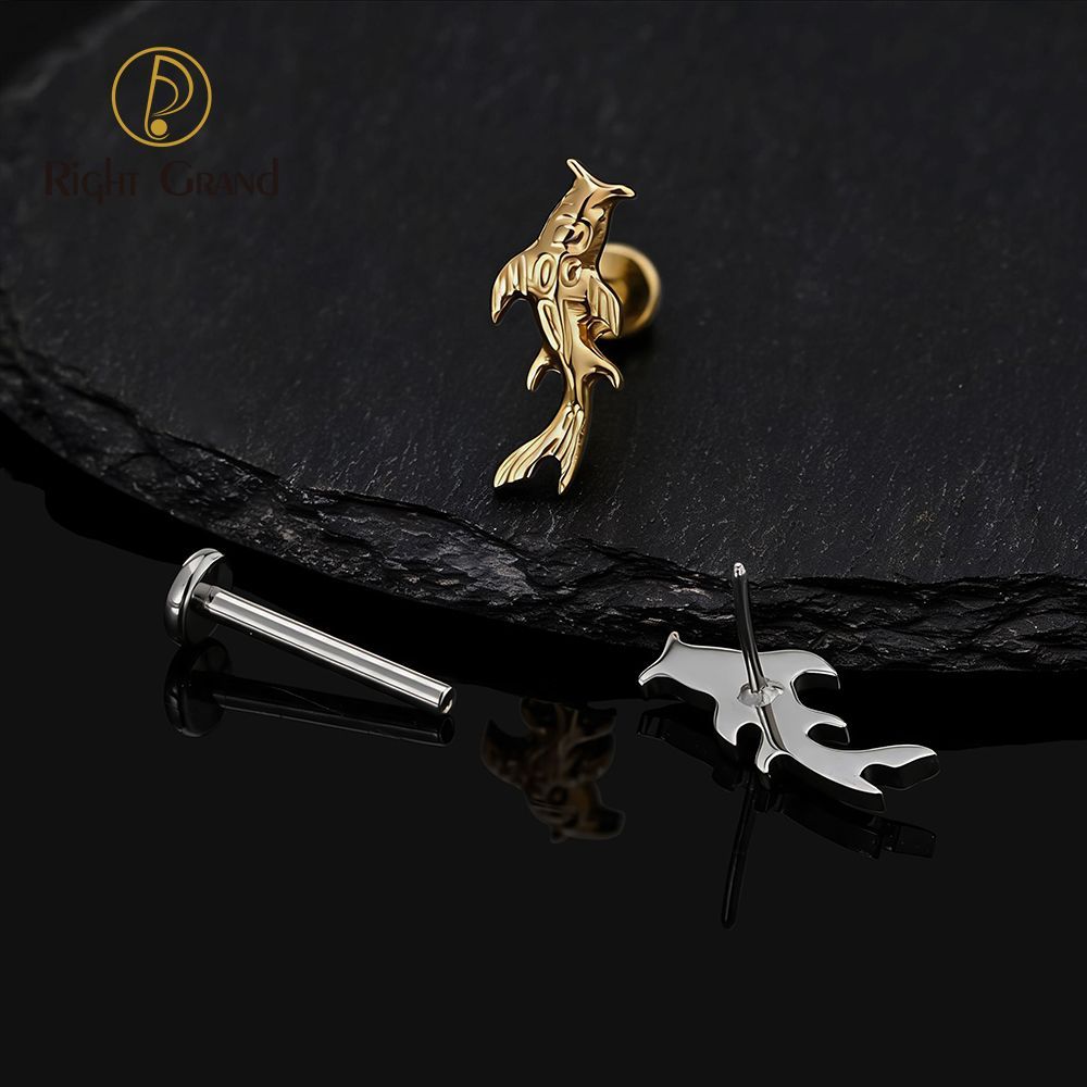 Right Grand Titanium 16G/18G Threadless Push Pin Koi Fish Cartilage Earring Tiny Tragus Stud Helix Conch Flatback Piercing 16G Animal Body Jewelry