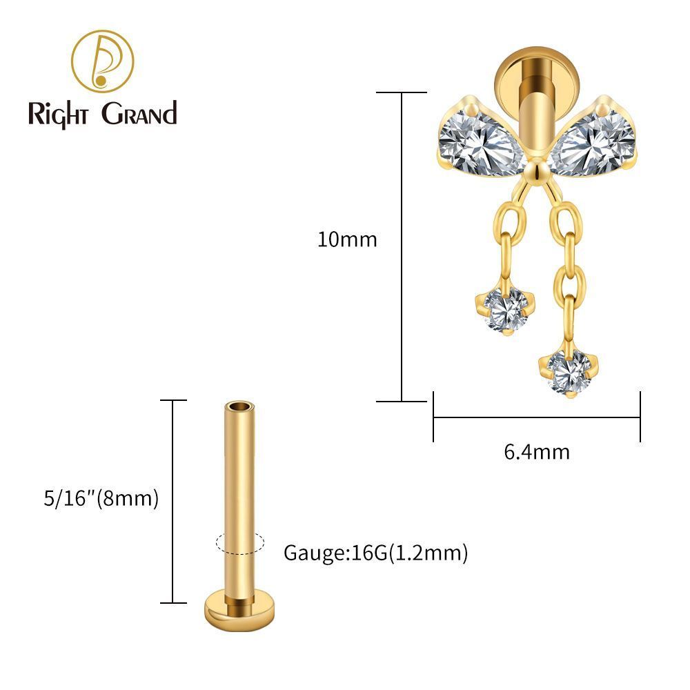Right Grand Titanium 16G/18G Threadless Push Pin Bowknot CZ Dangle Chain Labret Ring 16G Flat Back Cartilage Stud Earring Conch Helix Lip Piercing Jewelry