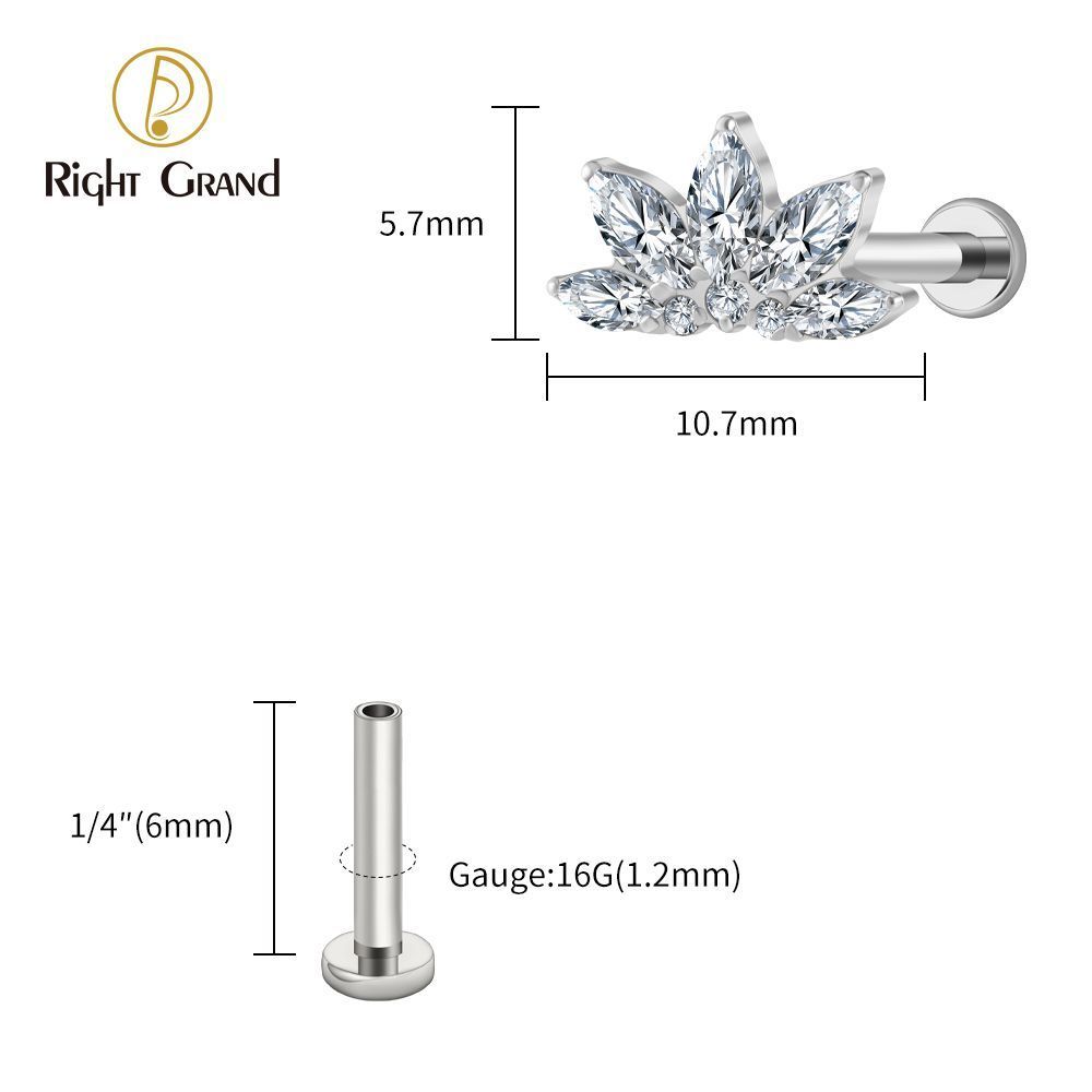 Right Grand Titanium 16G/18G Threadless Push Pin Marquise Lotus CZ Flower Flat Back Stud Labret Tragus Helix Cartilage Conch Earring Piercing