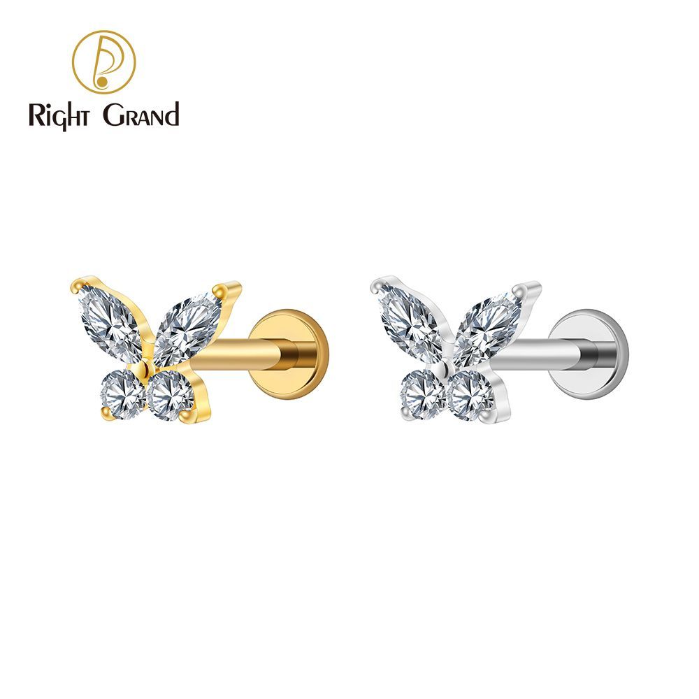 Right Grand Titanium 16G/18G Threadless Push Pin Butterfly CZ Labret Tragus Cartilage Conch Forward Helix Stud Nose Piercing