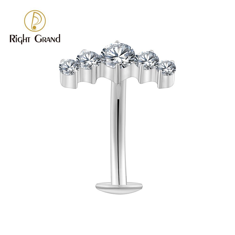 Right Grand Titanium CZ 5 CZ Belly Button Ring 14G Threadless Push Pin Navel Curved Barbell Piercing Jewelry