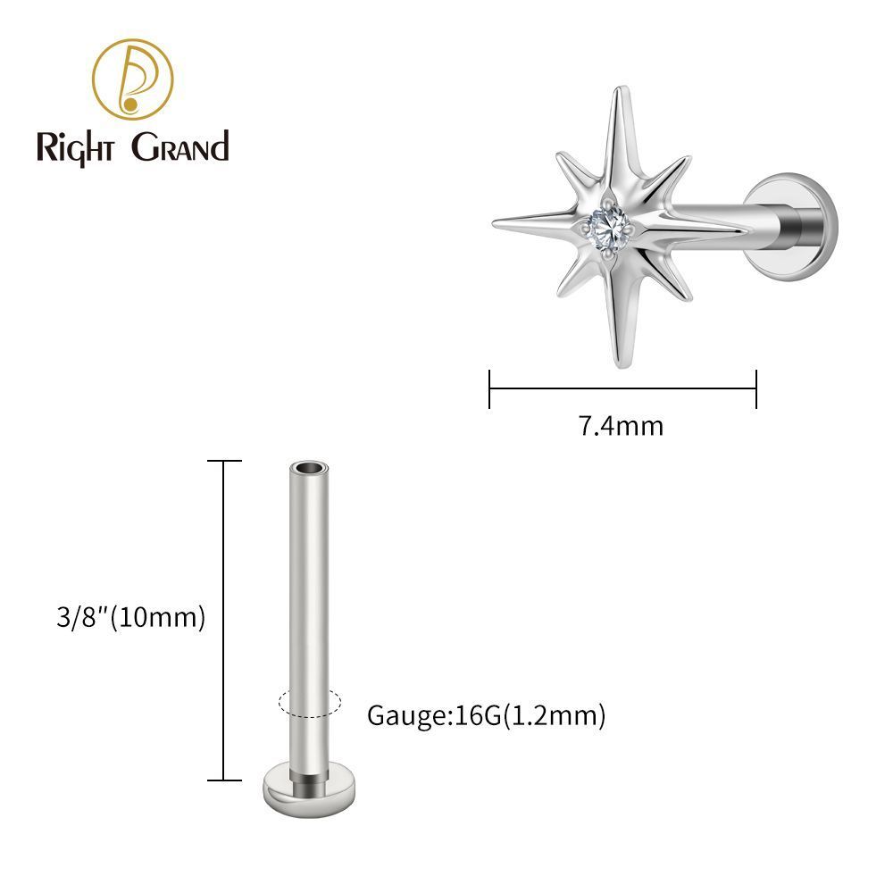 Right Grand Titanium 16G/18G Threadless Push Pin Sparkling CZ North Star Stud Earring Labret Cartilage Tragus Helix Conch Lobe Piercing