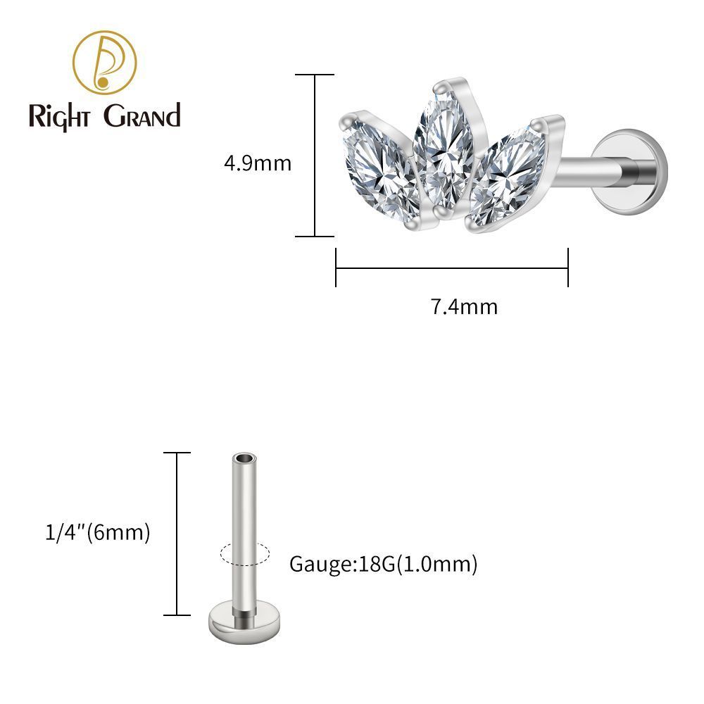 Right Grand Titanium 16G/18G Threadless Push Pin Triple Marquise CZ Stud Earring 16G Trinity Lotus Opal Cluster Cartilage Helix Tragus Piercing