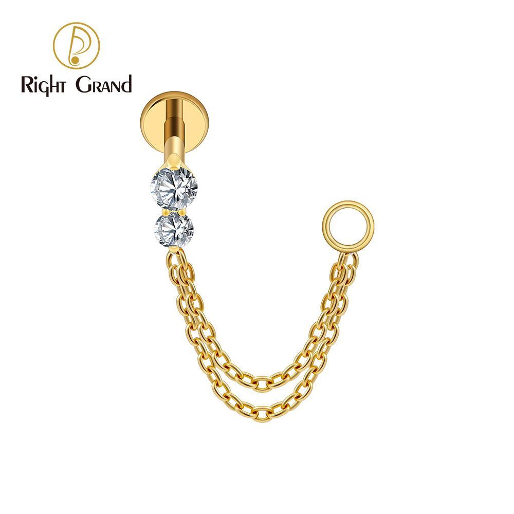 Right Grand Titanium Internal Thread CZ Double Chain Connect Ring Labret Ring 16G Flat Back Cartilage Stud Earring Conch Helix Lip Piercing Jewelry