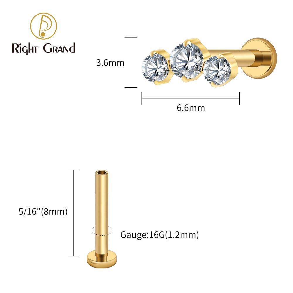 Right Grand Titanium 16G/18G Threadless Push Pin Triple CZ Cluster Cartilage Earring 16G Mini CZ Labret Tragus Helix Medusa Flat Back Piercing