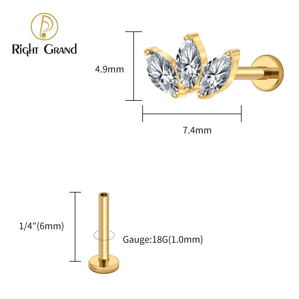 Right Grand Titanium 16G/18G Threadless Push Pin Triple Marquise CZ Stud Earring 16G Trinity Lotus Opal Cluster Cartilage Helix Tragus Piercing