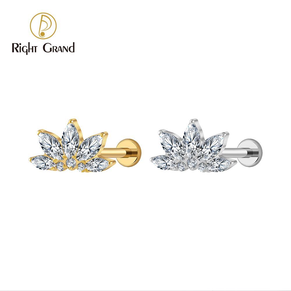 Right Grand Titanium 16G/18G Threadless Push Pin Marquise Lotus CZ Flower Flat Back Stud Labret Tragus Helix Cartilage Conch Earring Piercing