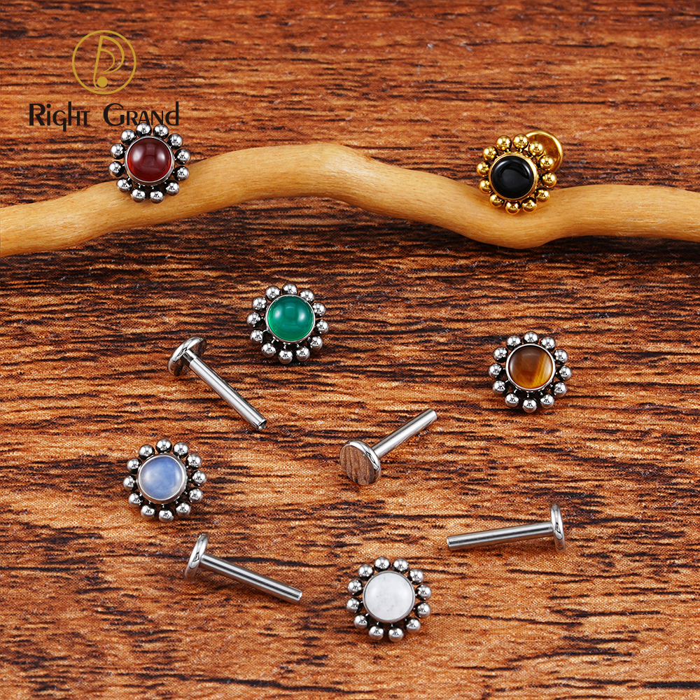 Right Grand ASTM F136 Titanium 16G Flower Labret Stud Earring with Natural Stone Helix Cartilage Tragus Conch Piercing