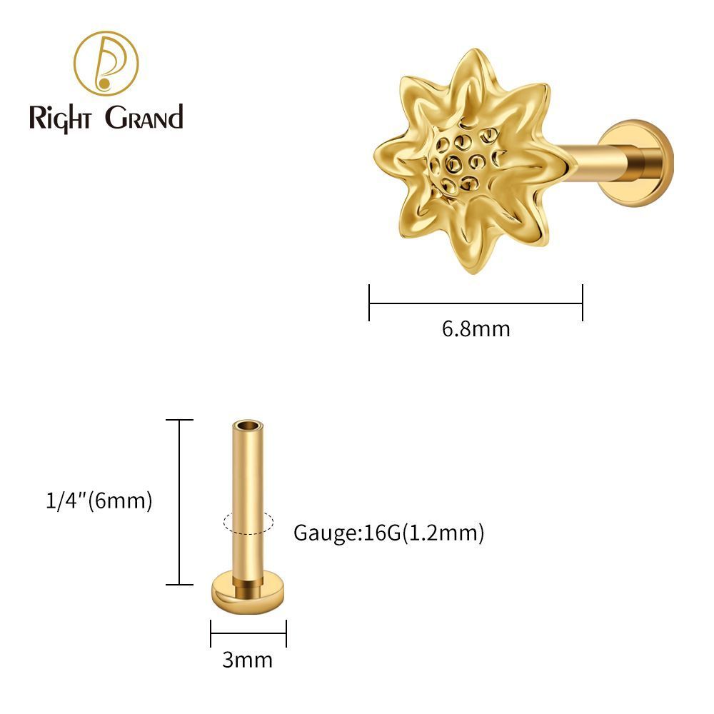 Right Grand Titanium 16G/18G Threadless Push Pin Daisy Flower Labret Ring 16G Flat Back Cartilage Stud Earring Conch Helix Lip Piercing Jewelry