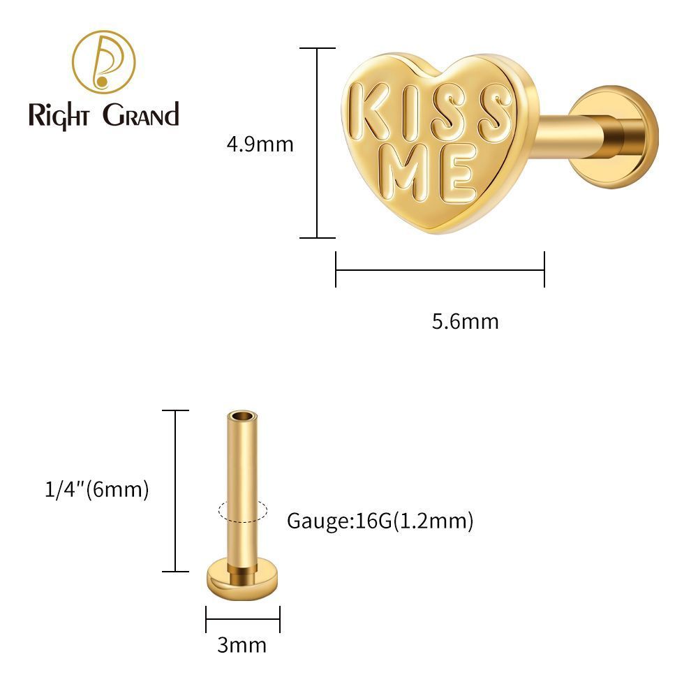 Right Grand Titanium 16G/18G Threadless Push Pin Heart Letter KISS ME Labret Ring 16G Flat Back Cartilage Stud Earring Conch Helix Lip Piercing Jewelry