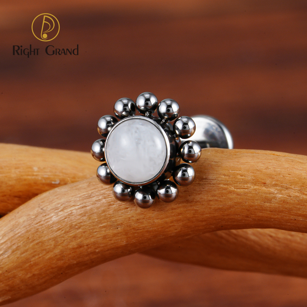 Right Grand ASTM F136 Titanium 16G Flower Labret Stud Earring with Natural Stone Helix Cartilage Tragus Conch Piercing