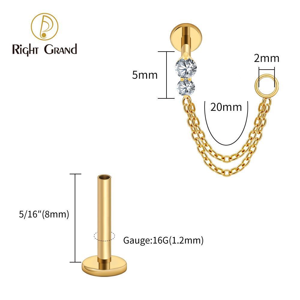 Right Grand Titanium Internal Thread CZ Double Chain Connect Ring Labret Ring 16G Flat Back Cartilage Stud Earring Conch Helix Lip Piercing Jewelry