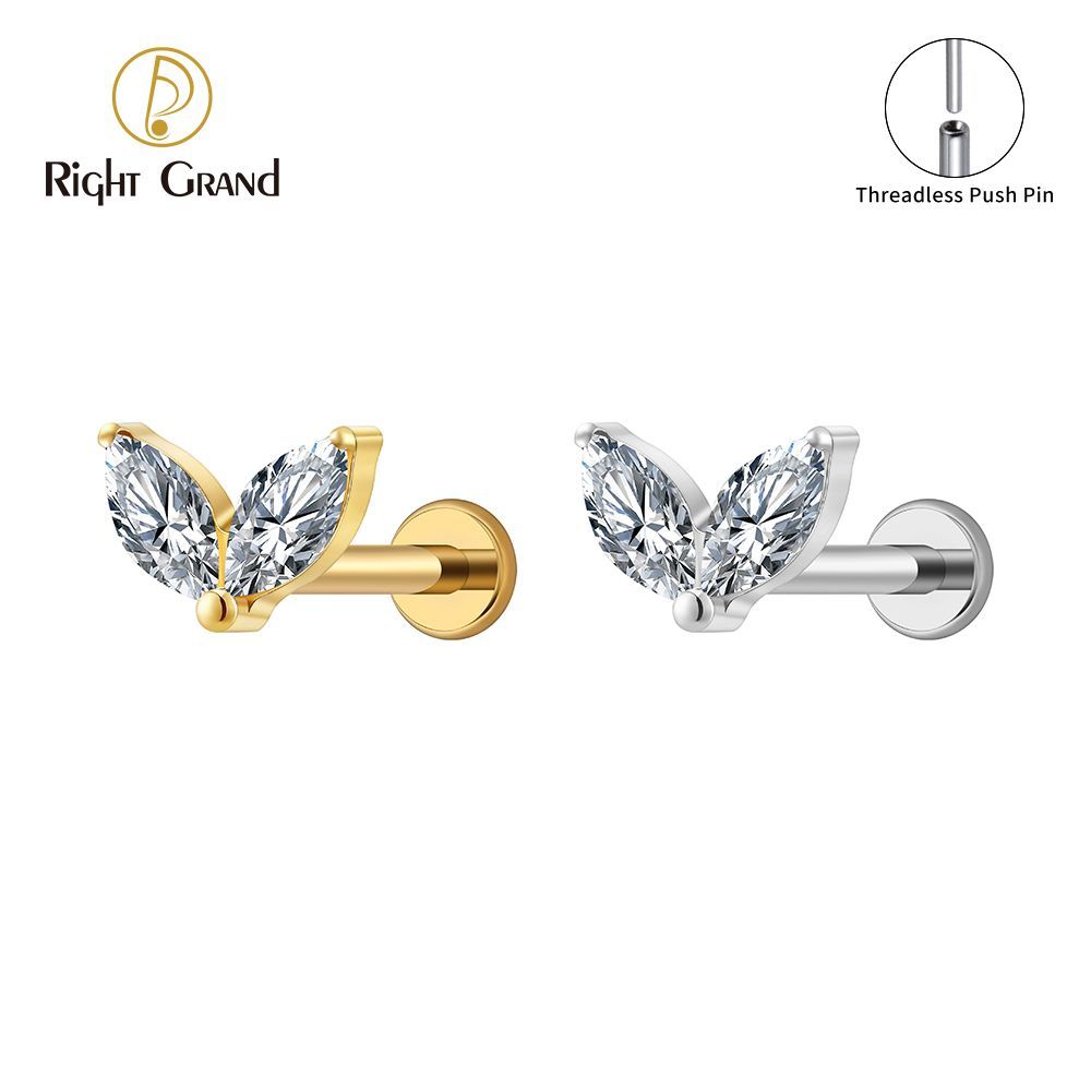 Right Grand Titanium 16G/18G Threadless Push Pin Tiny Double Marquise CZ Labret Stud Earring 16G Heart CZ Cartilage Helix Tragus Conch Piercing