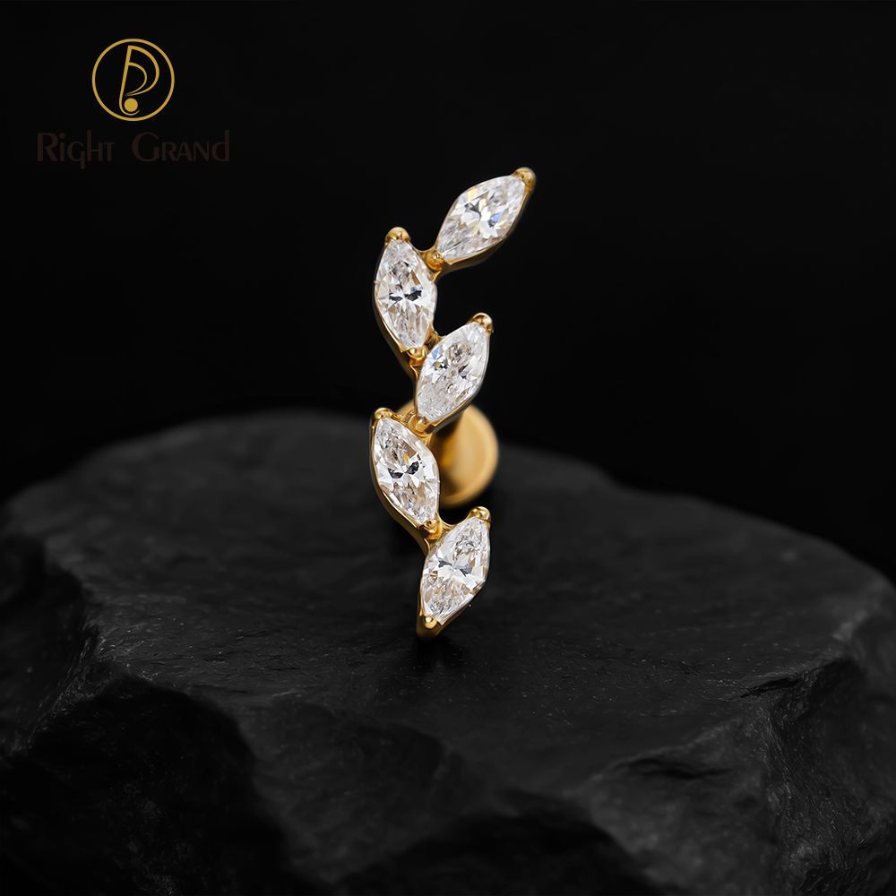 Right Grand Titanium 16G/18G Threadless Push Pin 5 Marquise CZ Labret Stud Helix Conch Cartilage Tragus Flat Back Piercing