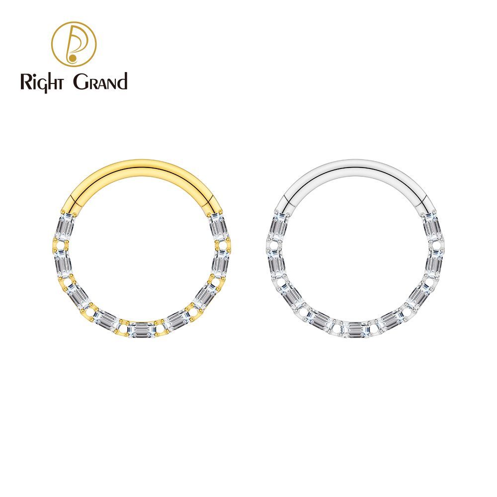 Right Grand Titanium Square CZ Surround Hinged Septum Clicker Nose Ring 16G Daith Helix Hoop Earring Piercing Jewelry