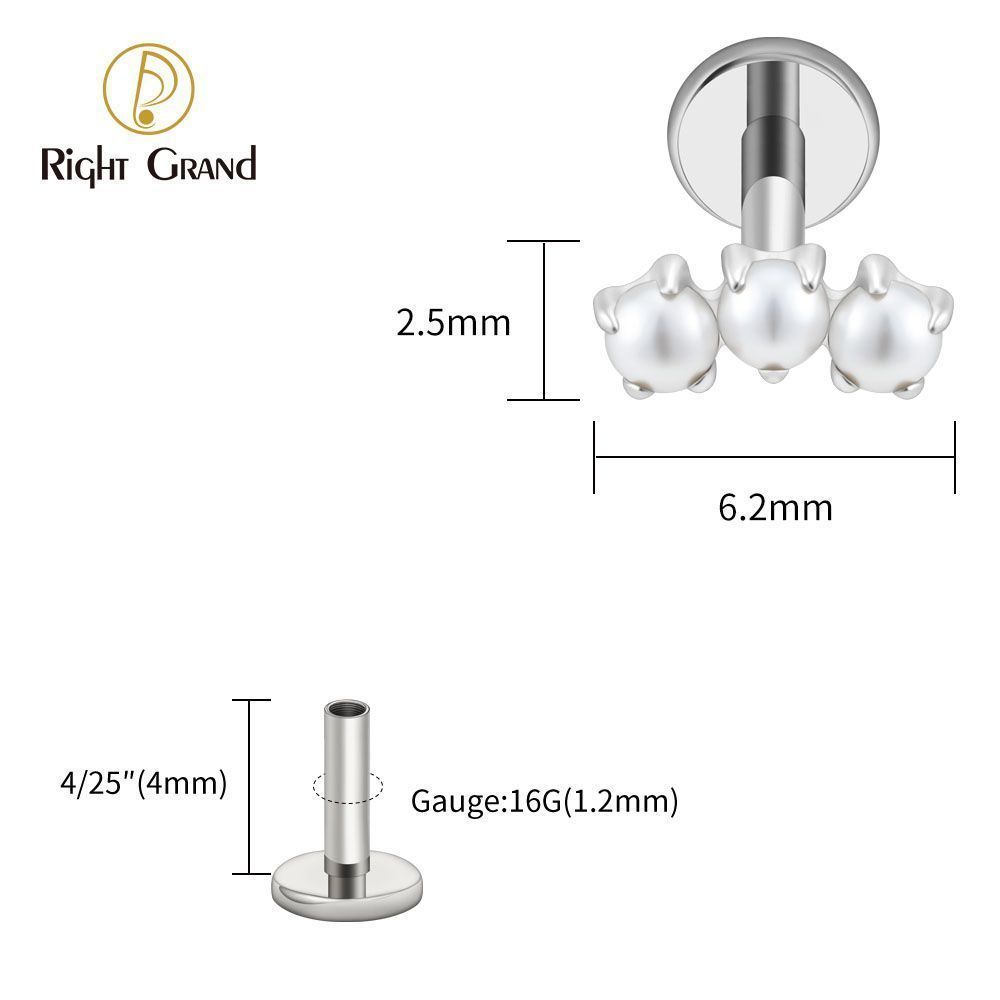 Right Grand Titanium Internal Thread Triple Tiny Pearl Labret Ring 16G Flat Back Cartilage Stud Earring Conch Helix Lip Piercing Jewelry