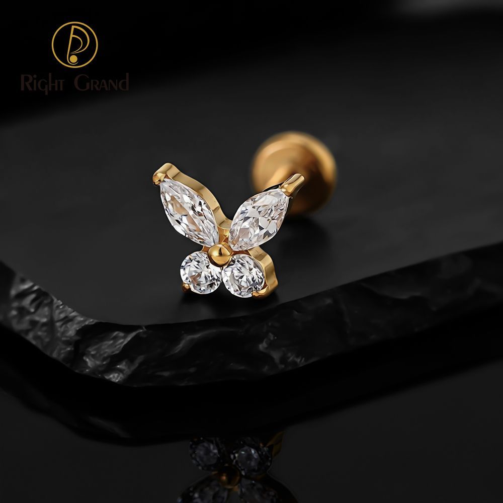 Right Grand Titanium 16G/18G Threadless Push Pin Butterfly CZ Labret Tragus Cartilage Conch Forward Helix Stud Nose Piercing