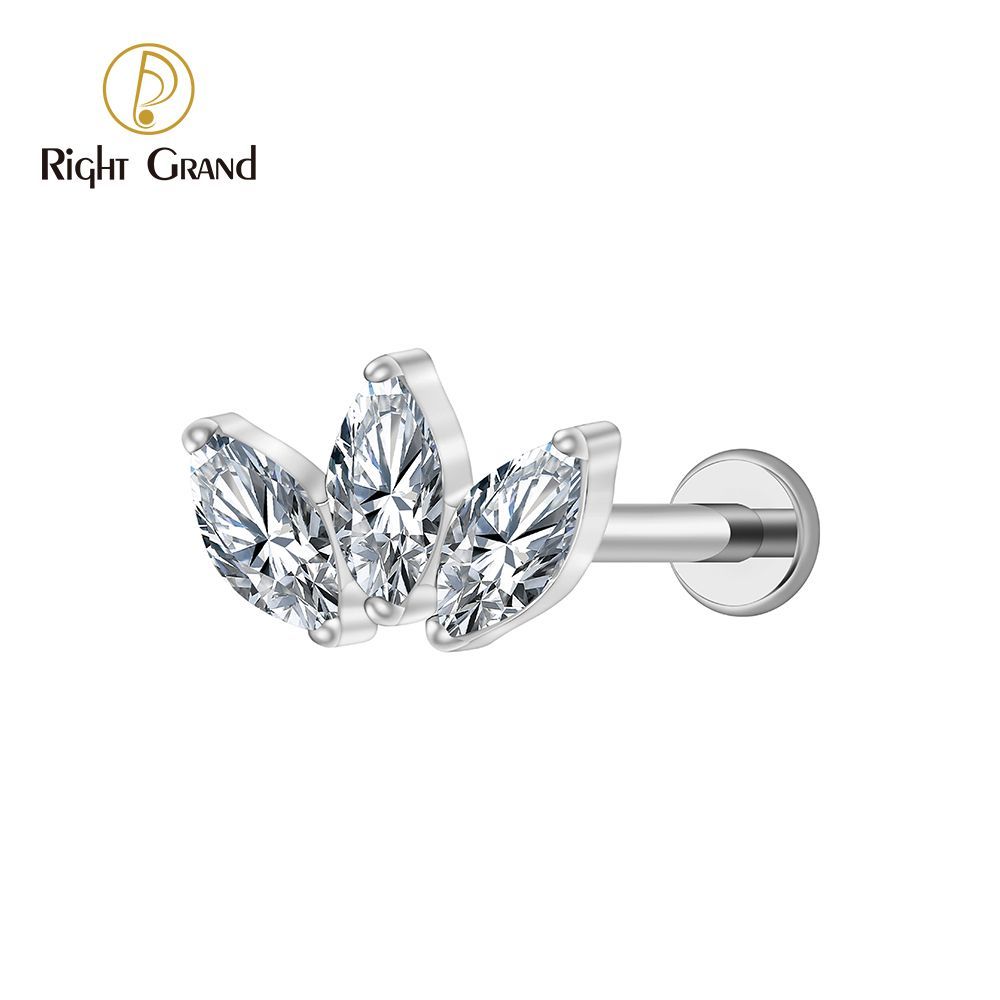 Right Grand Titanium 16G/18G Threadless Push Pin Triple Marquise CZ Stud Earring 16G Trinity Lotus Opal Cluster Cartilage Helix Tragus Piercing
