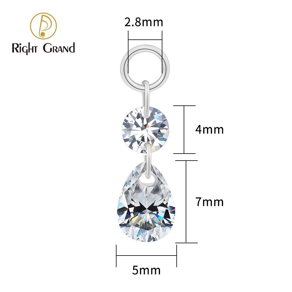 Right Grand ASTM F136 Titanium Round & Waterdrop CZ Drop Ring Charm for Ear Lobe Dangle Hoop Huggie Earrings