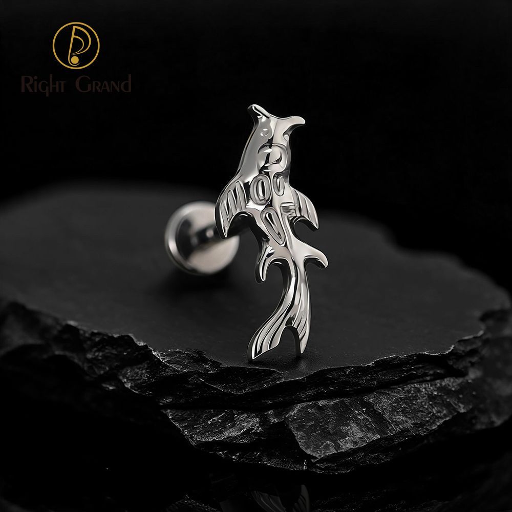Right Grand Titanium 16G/18G Threadless Push Pin Koi Fish Cartilage Earring Tiny Tragus Stud Helix Conch Flatback Piercing 16G Animal Body Jewelry