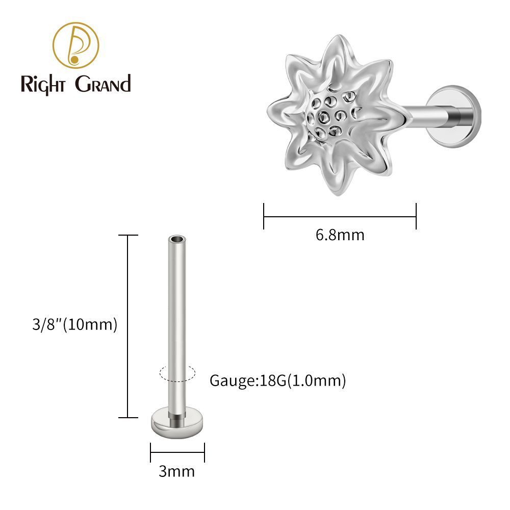 Right Grand Titanium 16G/18G Threadless Push Pin Daisy Flower Labret Ring 16G Flat Back Cartilage Stud Earring Conch Helix Lip Piercing Jewelry