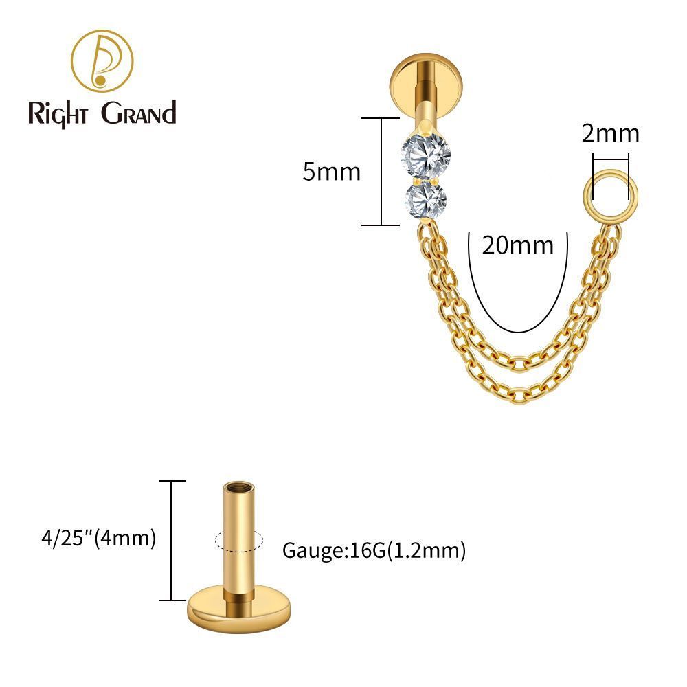 Right Grand Titanium Internal Thread CZ Double Chain Connect Ring Labret Ring 16G Flat Back Cartilage Stud Earring Conch Helix Lip Piercing Jewelry