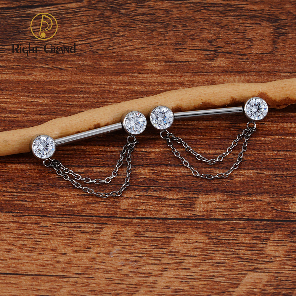 Right Grand ASTM F136 Titanium Double Chain Dangle Sparkle CZ Threadless Nipple Ring 14 Gauge Barbell Piercing