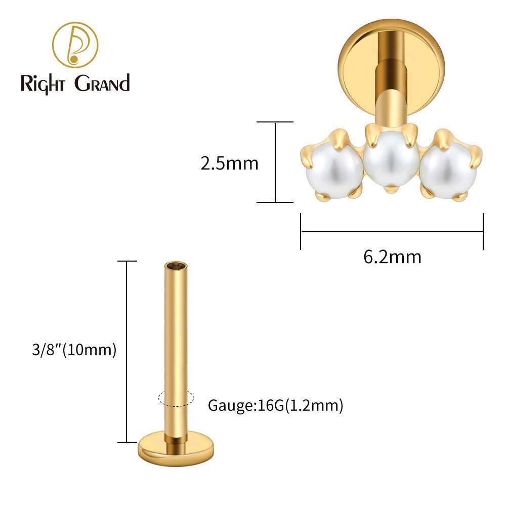 Right Grand Titanium Internal Thread Triple Tiny Pearl Labret Ring 16G Flat Back Cartilage Stud Earring Conch Helix Lip Piercing Jewelry