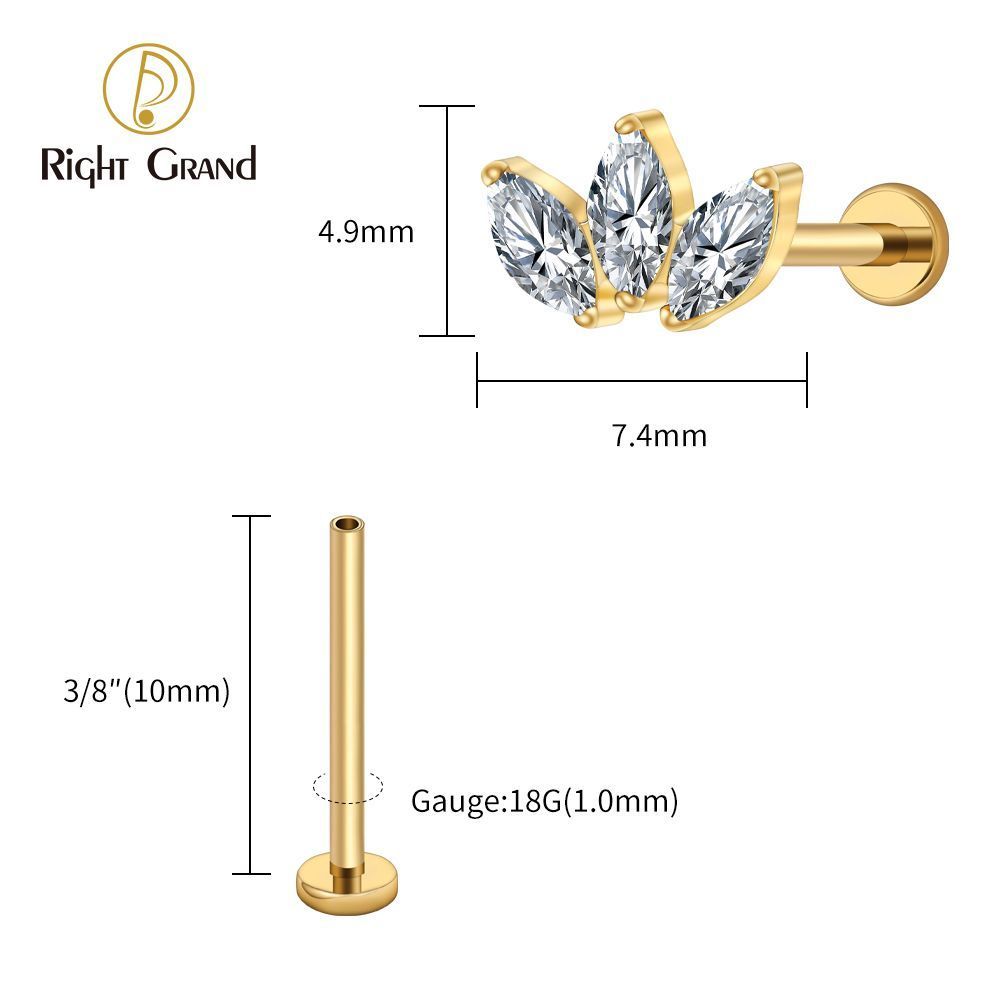 Right Grand Titanium 16G/18G Threadless Push Pin Triple Marquise CZ Stud Earring 16G Trinity Lotus Opal Cluster Cartilage Helix Tragus Piercing
