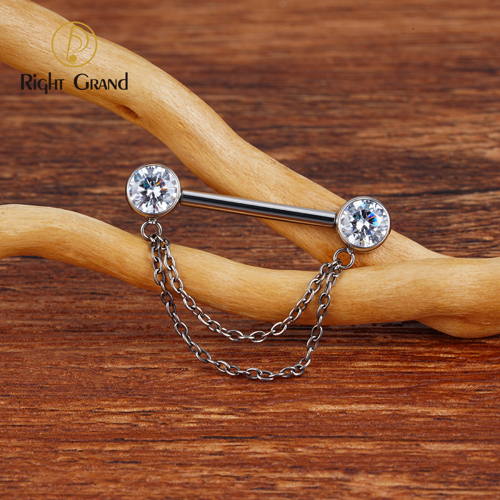 Right Grand ASTM F136 Titanium Double Chain Dangle Sparkle CZ Threadless Nipple Ring 14 Gauge Barbell Piercing