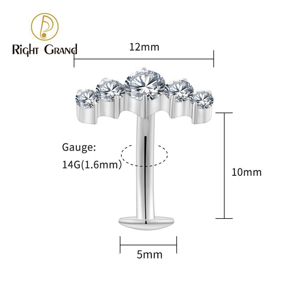 Right Grand Titanium CZ 5 CZ Belly Button Ring 14G Threadless Push Pin Navel Curved Barbell Piercing Jewelry