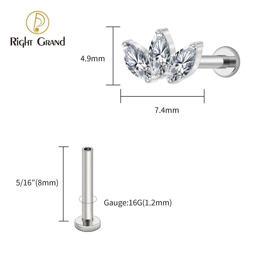 Right Grand Titanium 16G/18G Threadless Push Pin Triple Marquise CZ Stud Earring 16G Trinity Lotus Opal Cluster Cartilage Helix Tragus Piercing
