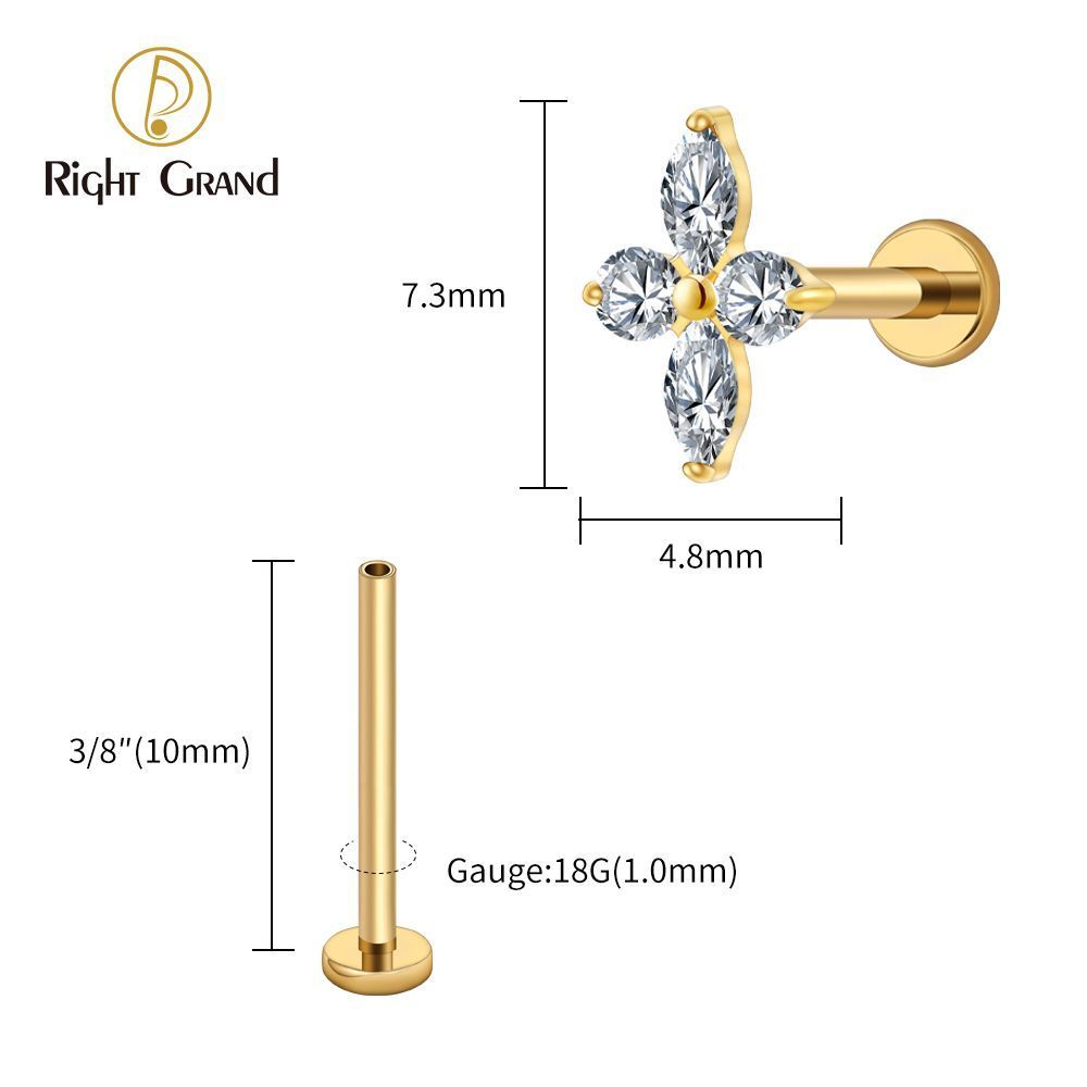 Right Grand Titanium 16G/18G Threadless Push Pin Prong Set CZ Flower Marquise Stud Earring Tragus Helix Cartilage Piercing