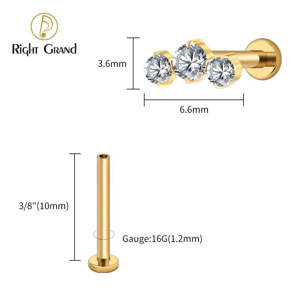 Right Grand Titanium 16G/18G Threadless Push Pin Triple CZ Cluster Cartilage Earring 16G Mini CZ Labret Tragus Helix Medusa Flat Back Piercing