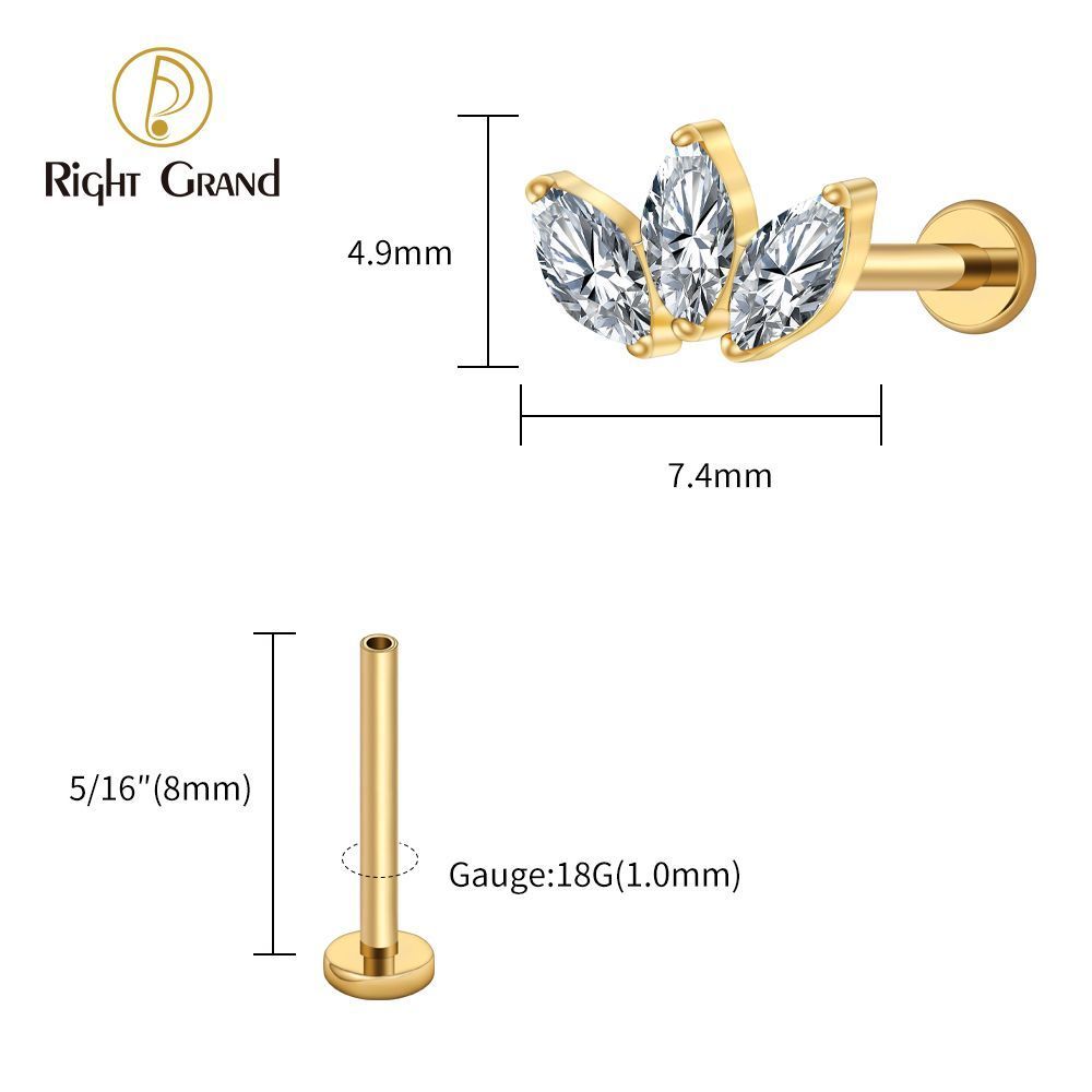 Right Grand Titanium 16G/18G Threadless Push Pin Triple Marquise CZ Stud Earring 16G Trinity Lotus Opal Cluster Cartilage Helix Tragus Piercing
