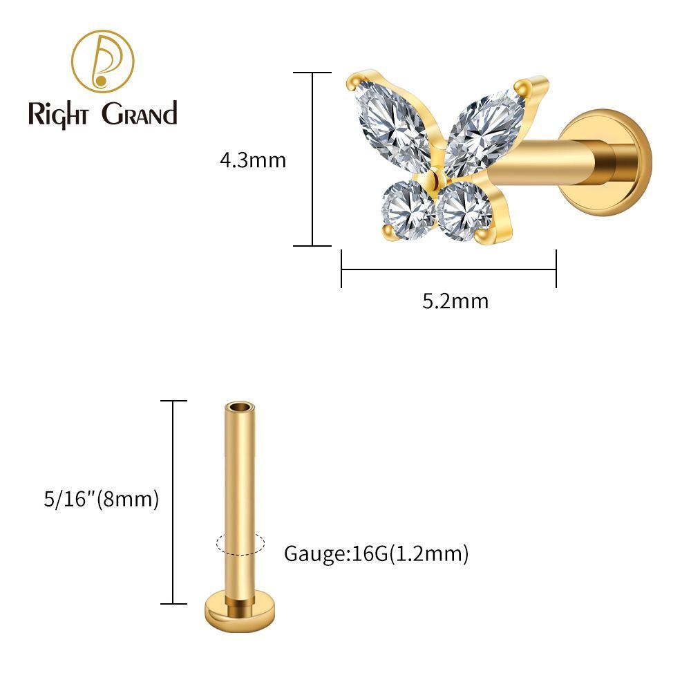 Right Grand Titanium 16G/18G Threadless Push Pin Butterfly CZ Labret Tragus Cartilage Conch Forward Helix Stud Nose Piercing