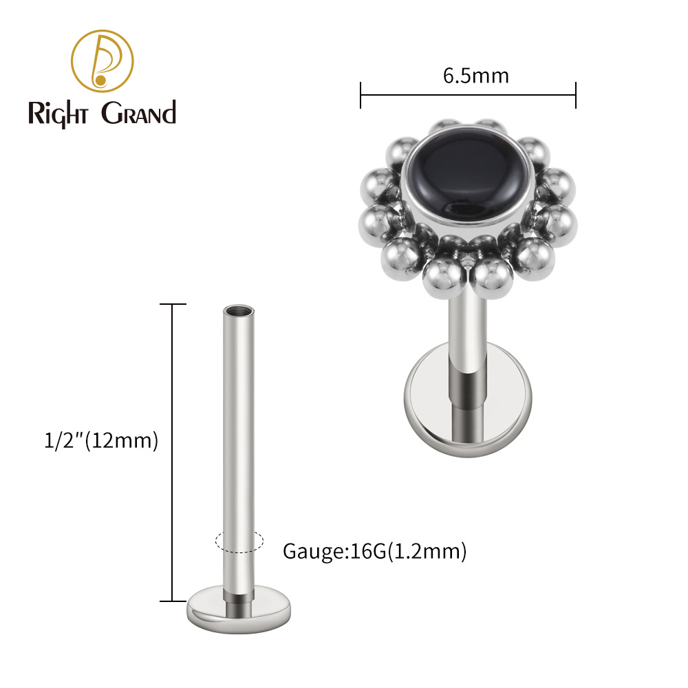 Right Grand ASTM F136 Titanium 16G Flower Labret Stud Earring with Natural Stone Helix Cartilage Tragus Conch Piercing